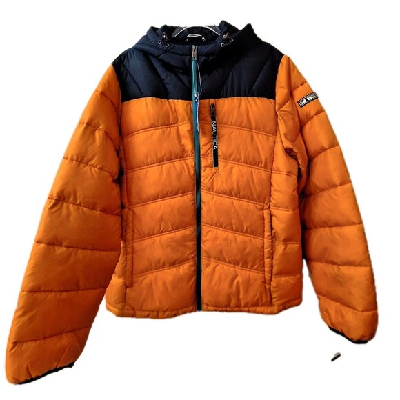 Nautica Poly Hooded Regular Fit Puffer Jacket Mens Sz Large Hunt Orange NWT $175 - Picture 1 of 13